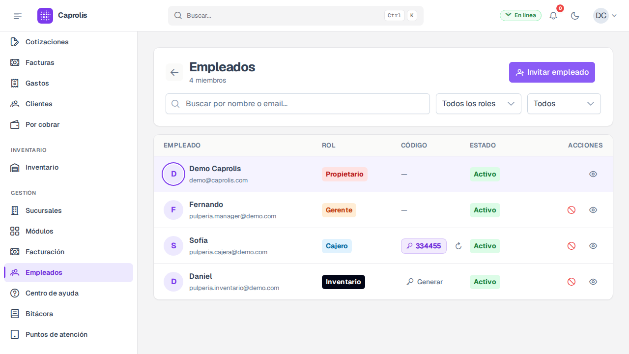 La lista de empleados con su rol, su código de acceso rápido y su estado