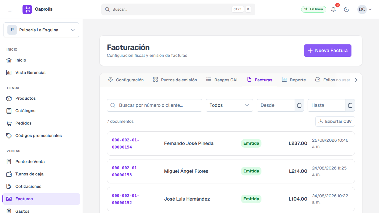 Las pestañas de Facturación: configuración, puntos de emisión, rangos CAI y facturas