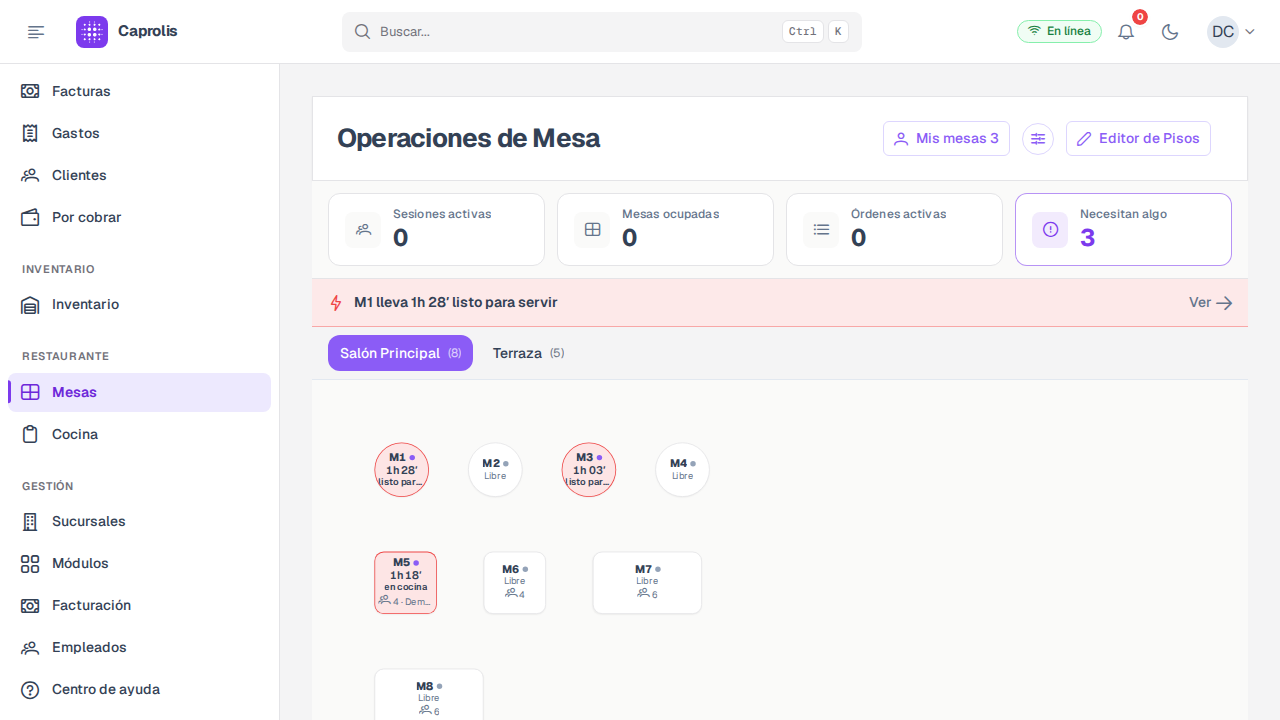 El salón con sus mesas y el estado de cada una