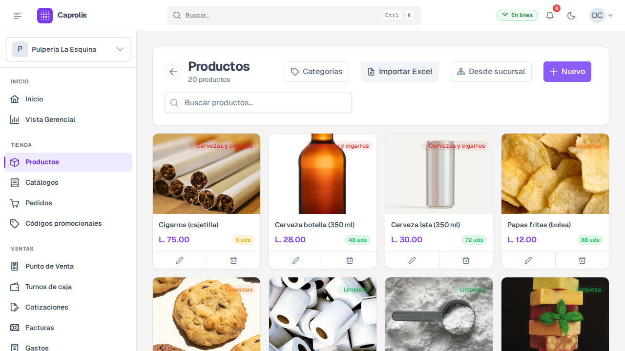 El catálogo de productos con su precio y sus existencias