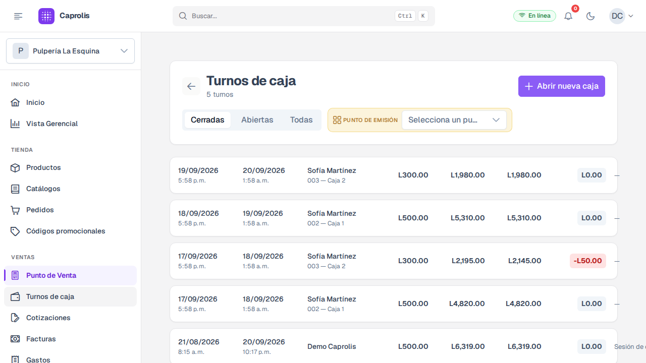 El historial de turnos, con quién lo abrió, los montos y la diferencia